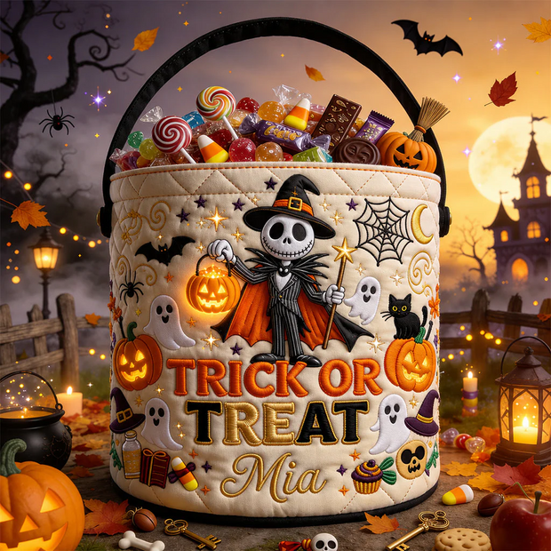Nibc Trick Or Treat - Personalized Canvas Bucket Bag - Halloween Gift For Kids