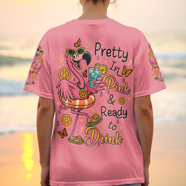 Pretty in Pink & Ready to Drink - Flamingo Ready to Drink Funny Summer Design for Women - AOP Shirts