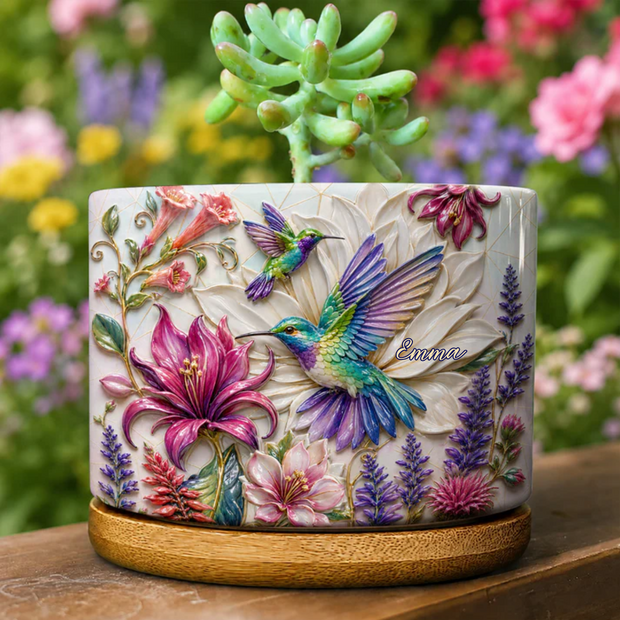 Hummingbird Garden Bloom Harmony   - Personalized Ceramic Plant Pot with Bamboo Tray -  Gift For Garden Lover, Grandma