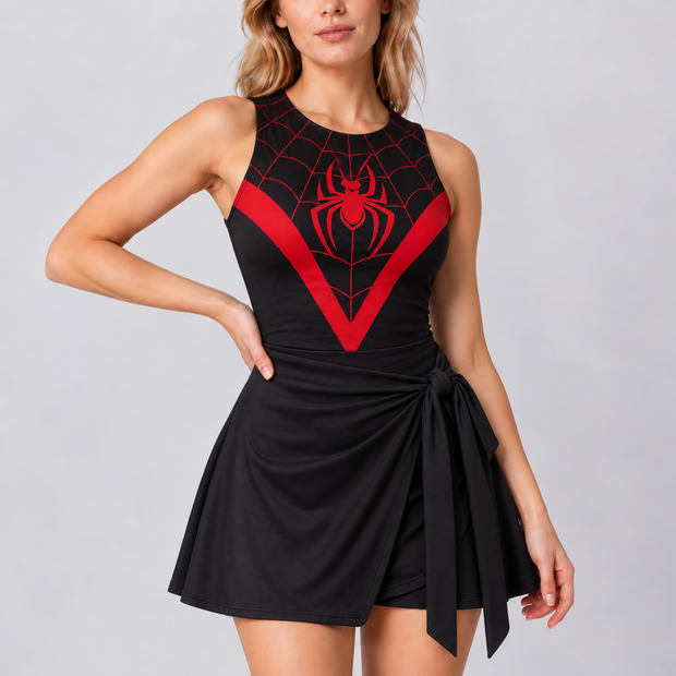 Heroic Black Red Web Slinger Urban Arachnid Superhero Halloween Tennis Dress Skirt
