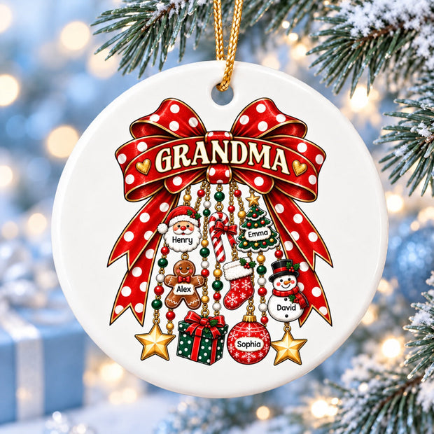Grandma Retro Christmas Charm Bow For Grandma, Family - Personalized Ceramic Ornament
